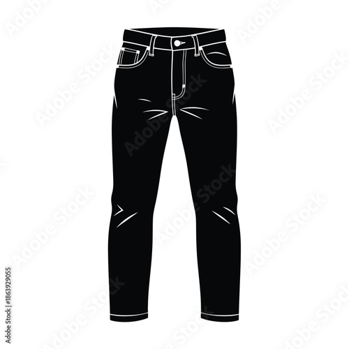 a simple black and white line drawing depicts a pair of classic denim jeans highlighting their shape and details