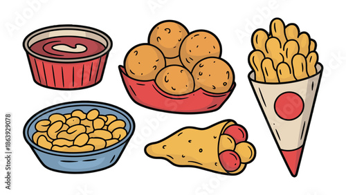 Culinary Compilation: A vibrant illustration showcasing an array of savory delights, a visual feast for food lovers. A delightful collection of classic takeaway favorites.