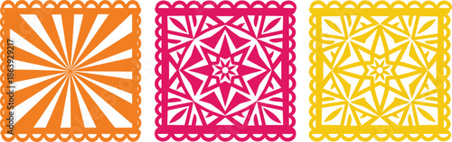 Colorful papel picado square banners set, traditional Mexican cut paper patterns, festive decoration illustration, folk art design elements