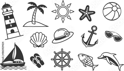 A collection of black and white line art icons representing summer, beach, and sea elements like a lighthouse, palm tree, sun, starfish, and sailboat.