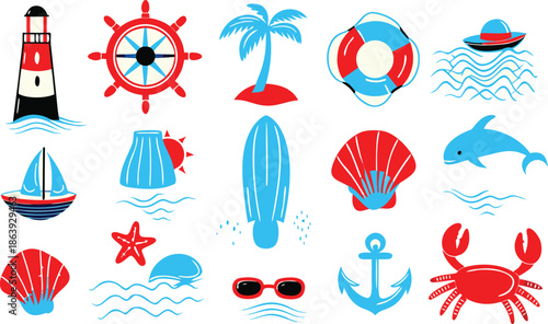 A collection of red and blue nautical and beach-themed icons including a lighthouse, sailboat, crab, and dolphin.
