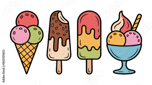 Sweet Delights: Colorful assortment of ice cream treats with scoops and sticks, capturing the essence of summertime joy and refreshing sweetness.
