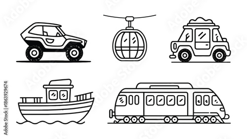 Vehicles Outline Collection: An illustrated collection showcases a variety of transportation modes, presenting a diverse selection of vehicles with a clean, graphic design. 