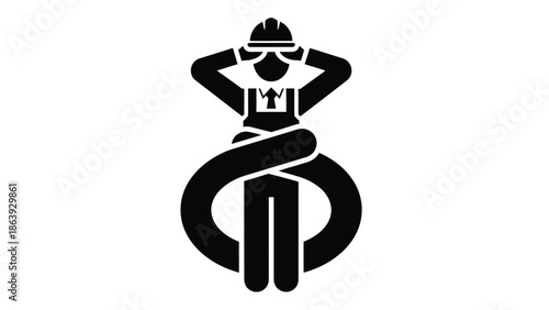 Construction worker trapped and overwhelmed by a giant coiled rope or cable symbolizing danger