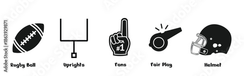 American football set design. helmet, uprights, rugby ball, whistle.