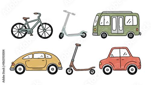 Transportation Variety: A charming illustration showcases an array of vehicles, from bicycles and scooters to buses and cars, painted in vibrant hues against a clean background.