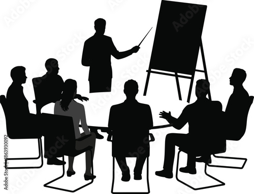 Business training meeting silhouettes with presenter pointing at flip chart isolated on white background representing teamwork leadership strategy discussion concept