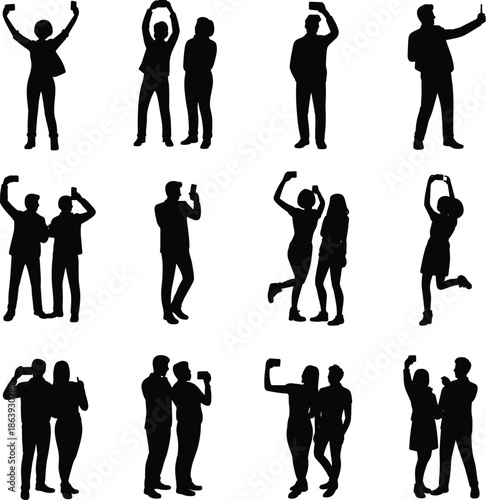 Celebrating people silhouettes posing and dancing, social media selfies, friendship joy, modern lifestyle expressions, black white vector illustration set, collection