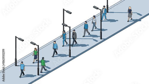 Isometric people walking on urban sidewalk, city street crowd illustration, pedestrian traffic flow concept, modern lifestyle design scene