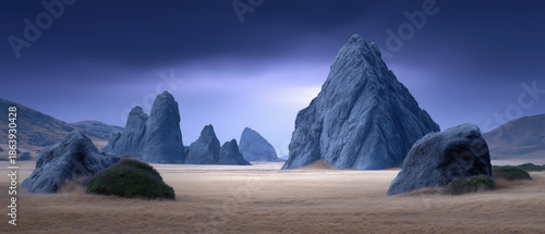 Fantasy landscape surreal rock mountain twilight blue sky dry grass alien terrain mysterious desert panoramic fantasy landscape surreal rock