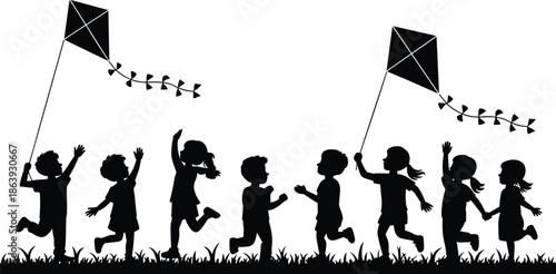 Children silhouettes flying kites outdoors showing childhood joy friendship play freedom teamwork nature isolated black vector illustration scene design collection