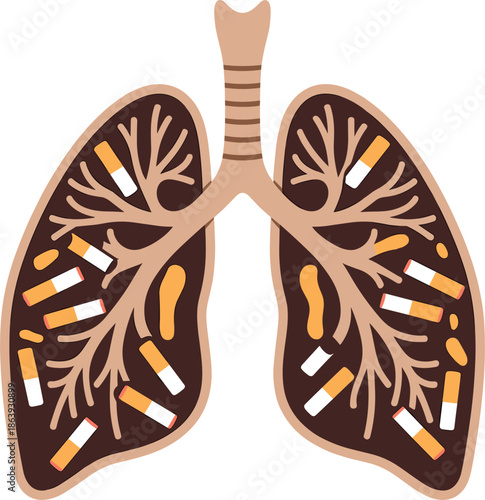 Human lungs illustration with cigarettes inside, smoking addiction concept, tobacco harm awareness, respiratory disease risk, healthcare infographic, medical anatomy graphic design