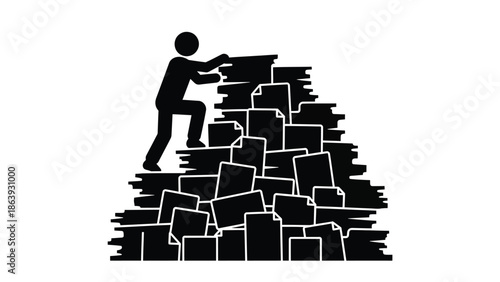 Stick figure businessman struggles to climb over enormous mountain of paperwork and documents