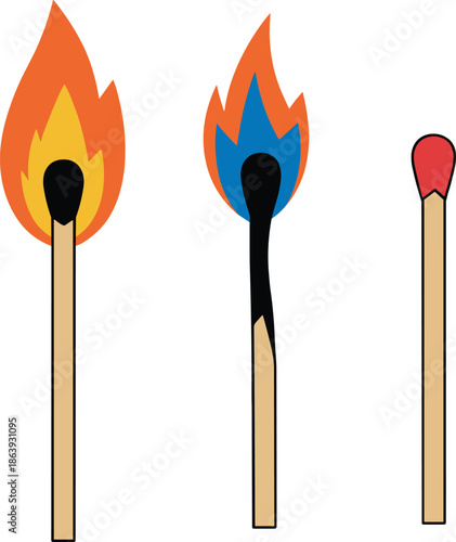 Three burning matchsticks stages, ignition flame sequence, safety match concept, fire evolution illustration, minimal vector design, heat energy symbol, isolated white background graphic