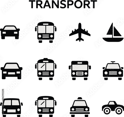 Transport icons set, car bus truck airplane boat taxi van fire engine ambulance, flat black silhouette symbols for travel logistics mobility infographic design