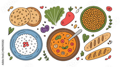 Culinary Composition: An overhead view of a diverse assortment of fresh ingredients artfully arranged. show a mouth-watering ensemble of culinary delights.