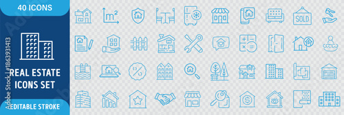 Real Estate Line Icon Set. Property, Housing, Real Estate Transactions, Building Types, Amenities, Investment, Mortgage and Rental Icons. Editable Outline Stroke. Vector Illustration
