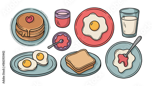 Breakfast delight: A delightful array of breakfast essentials. Featuring pancakes, eggs, toast, and milk, alongside the condiments. Perfect for culinary projects.