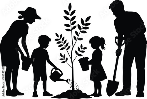 Family gardening silhouettes with parents and children planting tree together isolated on white background representing nature care education sustainability concept