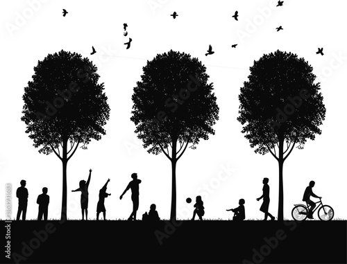 Family park silhouette landscape, people enjoying outdoor leisure, children playing under trees, birds flying, peaceful lifestyle, black white vector illustration