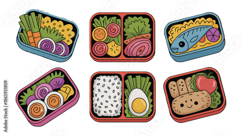 Bento Boxes: A Colorful Culinary Array: A vibrant illustration showcasing six appealing bento boxes, each thoughtfully packed with a diverse range of fresh and healthful ingredients.