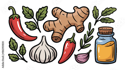 A Culinary Collage: A vibrant assortment of culinary ingredients, artfully arranged, showcasing the colors and textures of fresh produce and aromatic spices.