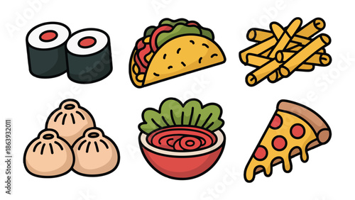 Assorted Culinary Delights: A vibrant array of globally inspired dishes, from sushi and tacos to dumplings and pizza, inviting culinary exploration and indulgence. 