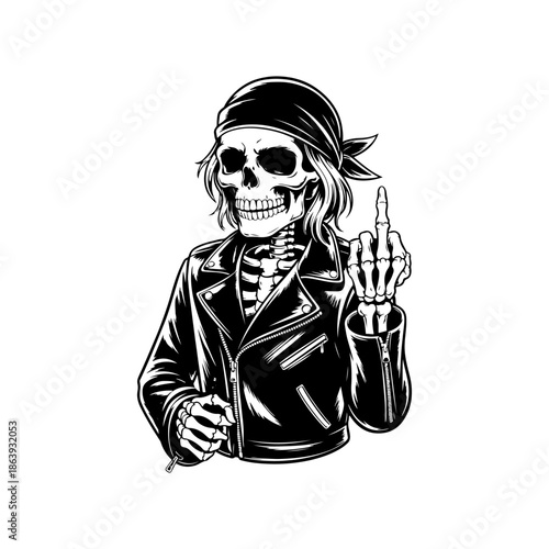 Cool skeleton biker wearing a leather jacket and bandana, making a middle finger gesture. Vector art for rock, motorcycle clubs, and rebellious themes.