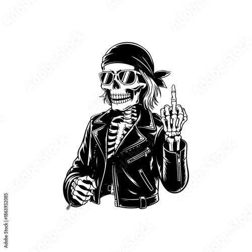 Cool skeleton biker wearing a leather jacket and bandana, making a middle finger gesture. Vector art for rock, motorcycle clubs, and rebellious themes.