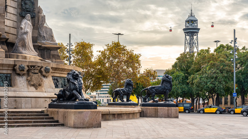 Columbus Square with Montjuic Mountain in the background at sunset on a summer's day, Barcelona, Spain.