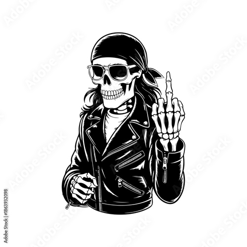 Cool skeleton biker wearing a leather jacket and bandana, making a middle finger gesture. Vector art for rock, motorcycle clubs, and rebellious themes.