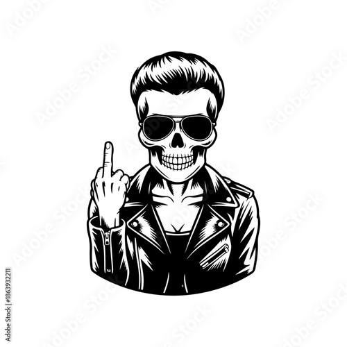 Cool skeleton biker wearing a leather jacket and bandana, making a middle finger gesture. Vector art for rock, motorcycle clubs, and rebellious themes.