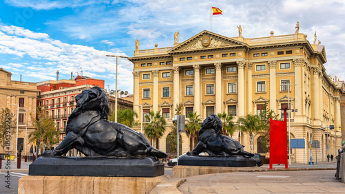 Classic buildings in the historic city centre of Barcelona at the beginning of the famous Las Ramblas street.