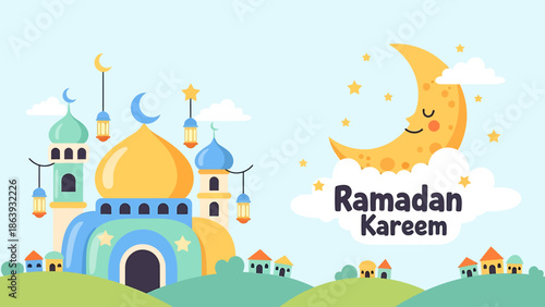 A colorful cartoon illustration of a mosque and a smiling crescent moon with stars and clouds, wishing "Ramadan Kareem".
