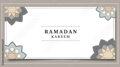 An elegant Ramadan Kareem banner with Islamic geometric patterns in muted colors.