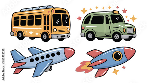Whimsical Transport Icons: A set of charming illustrations featuring a school bus, car, airplane, and rocket, each radiating a sense of playful adventure. 