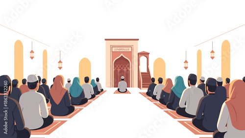 Muslim congregation praying inside a mosque, with an imam leading the prayer during a religious gathering.