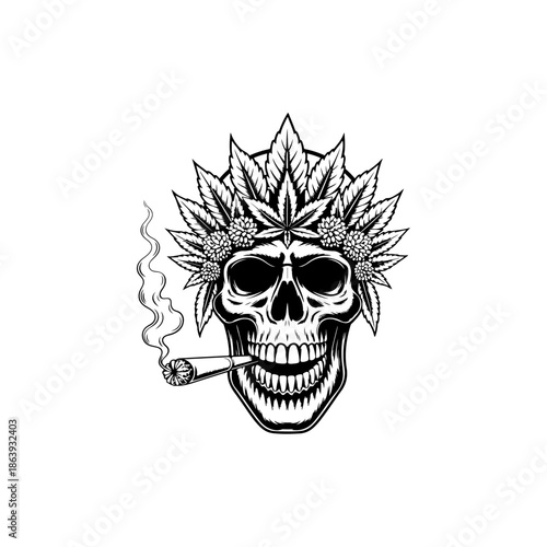 Skull mascot wearing a cannabis leaf crown and smoking a joint. A detailed vector illustration for counterculture, weed apparel, or graphic design.