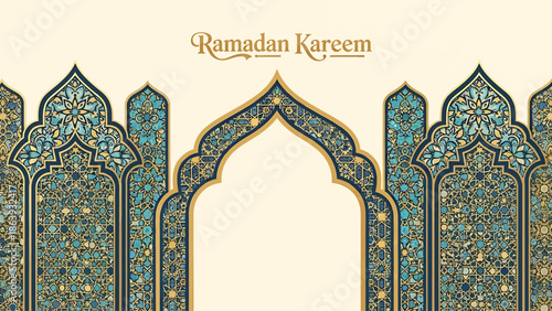 Elegant Islamic background with intricate golden and teal patterns, featuring arches and 'Ramadan Kareem' text, perfect for religious celebrations.