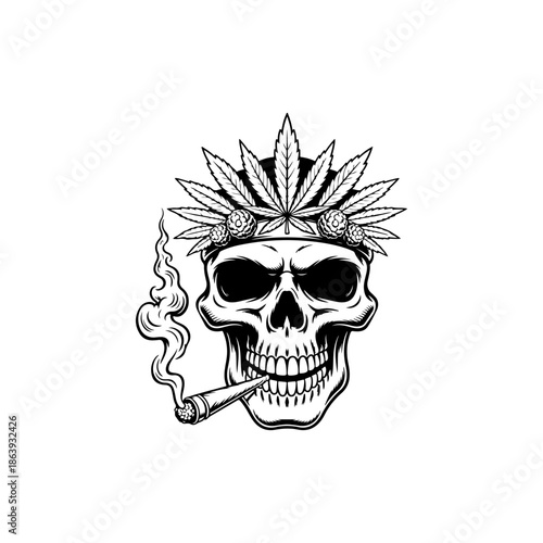 Skull mascot wearing a cannabis leaf crown and smoking a joint. A detailed vector illustration for counterculture, weed apparel, or graphic design.