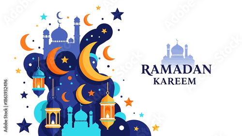 Vibrant illustration of Ramadan Kareem celebration with mosques, crescent moons, stars, and lanterns on a dark blue background.