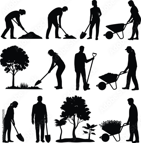Gardening silhouette vector, people planting, digging, landscaping, pushing wheelbarrow, tending trees, black outline, outdoor labor, horticulture activity, nature