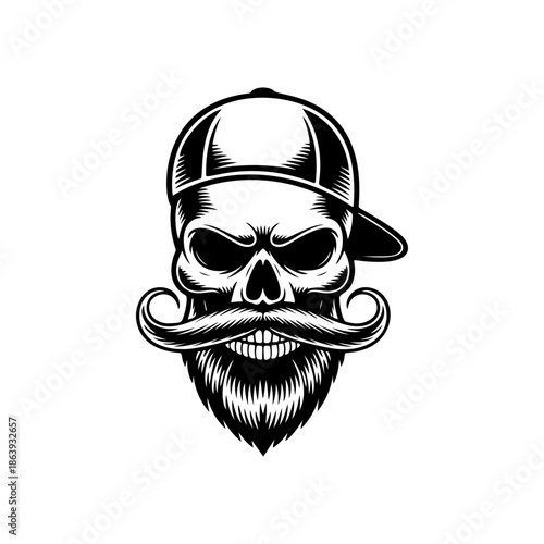 Hipster skull mascot with a detailed beard and mustache, wearing a backwards baseball cap. Cool vector for urban fashion and edgy street style.