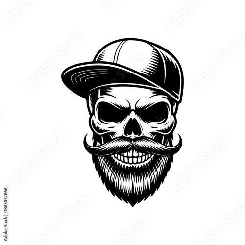 Hipster skull mascot with a detailed beard and mustache, wearing a backwards baseball cap. Cool vector for urban fashion and edgy street style.