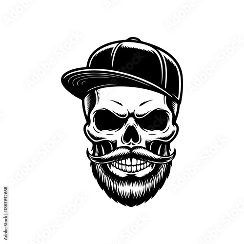 Hipster skull mascot with a detailed beard and mustache, wearing a backwards baseball cap. Cool vector for urban fashion and edgy street style.