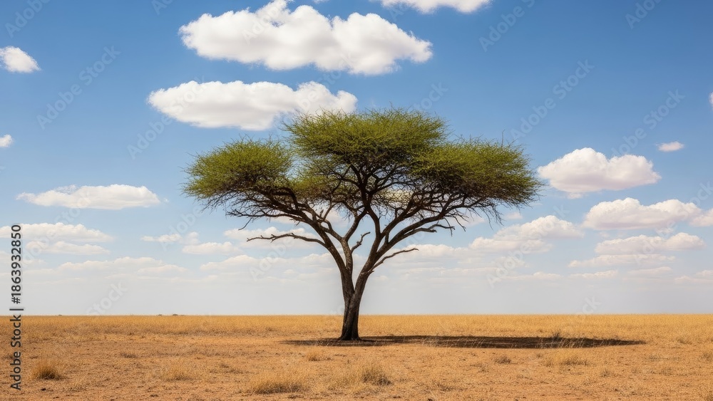 Obraz premium Iconic Acacia Tree Standing Alone in Vast African Savannah Landscape Under a Bright Blue Sky with Fluffy White Clouds