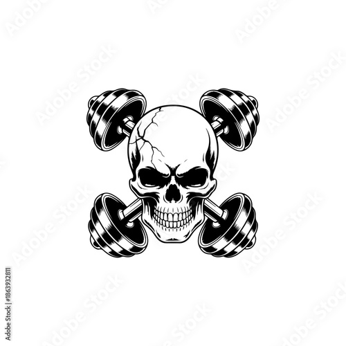 Intense skull mascot with crossed barbells/dumbbells. Ideal vector art for gym logos, fitness apparel, powerlifting clubs, and aggressive sport themes.