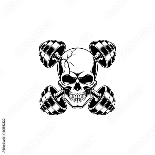 Intense skull mascot with crossed barbells/dumbbells. Ideal vector art for gym logos, fitness apparel, powerlifting clubs, and aggressive sport themes.