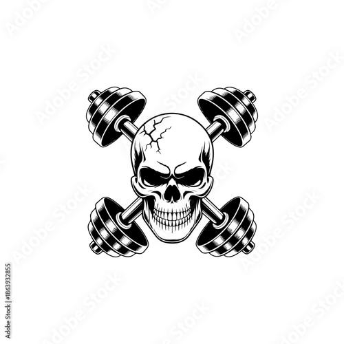 Intense skull mascot with crossed barbells/dumbbells. Ideal vector art for gym logos, fitness apparel, powerlifting clubs, and aggressive sport themes.