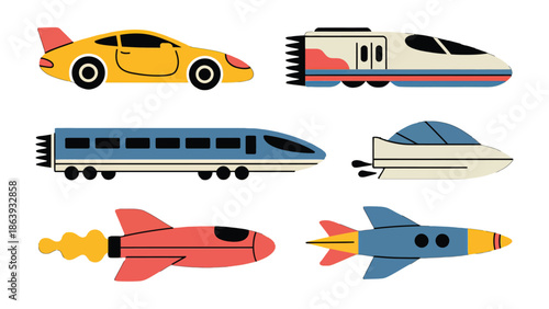 Vehicles of Motion: A collection of various vehicles showcases diverse transportation modes, spanning from the elegance of a sports car to the futuristic design of a rocket. 